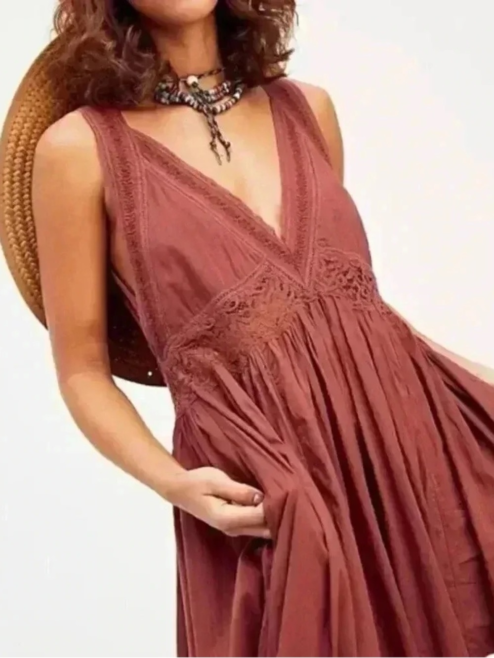 Free People Rust Lace-Trim V-Neck Maxi Dress